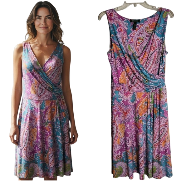 Lauren Ralph Lauren Multicolor Paisley Surplice V-neck sleeveless dress size S - Picture 1 of 15